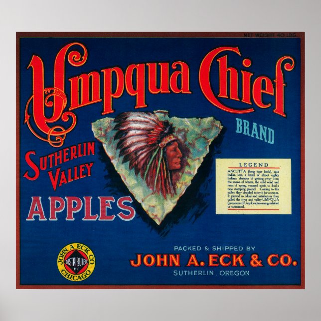 Umpqua Chief Apple Låda LabelSutherlin, ELLER Poster (Framsidan)