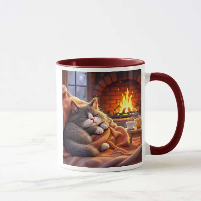 Un chat gris qui dort près du feu. mugg (Höger)