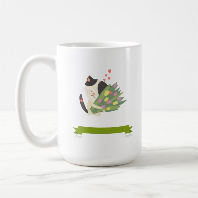 Un chat qui aime son bouquet de fleur. kaffemugg (Vänster)