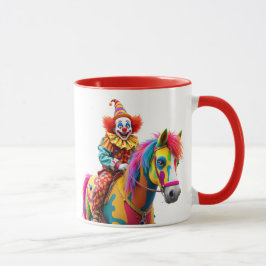 Un clown monte un cheval arc-en-ciel. mugg