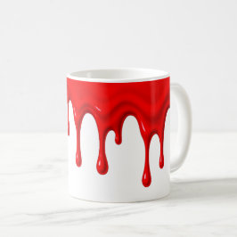 Un liquide rouge vif coule le long d'un mug blanc. kaffemugg