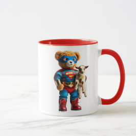 Un ours super-héros tenant un chevreau. mugg