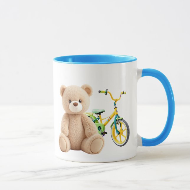 Un ourson en peluche devant un vélo d'enfant. mugg (Höger)