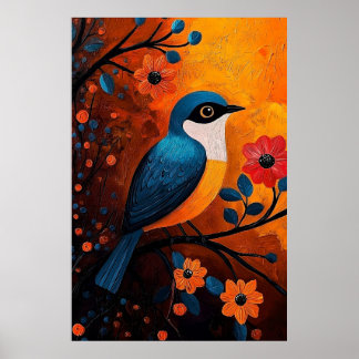 Un Solo Pájaro - Vibrant Bird and Blommigt Art Poster