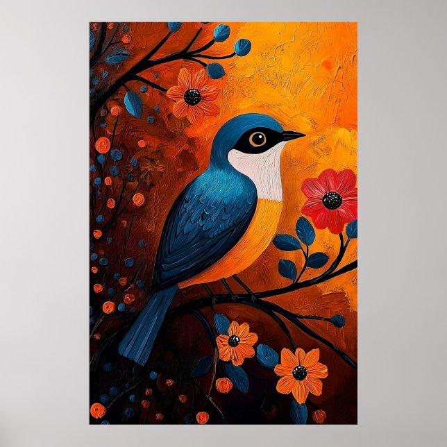 Un Solo Pájaro - Vibrant Bird and Blommigt Art Poster (Framsidan)