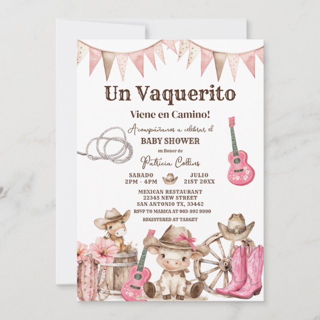 Un Vaquerito Viene en Camino Girl Baby Shower Inbjudningar (Framsida)