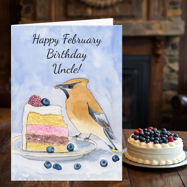 Uncle Happy February Birthday Cedar Waxwing Cake Kort (Skapare uppladdad)