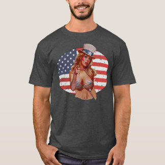 Uncle Sam Hat Pin Up Girl Lingerie American Flag  T Shirt