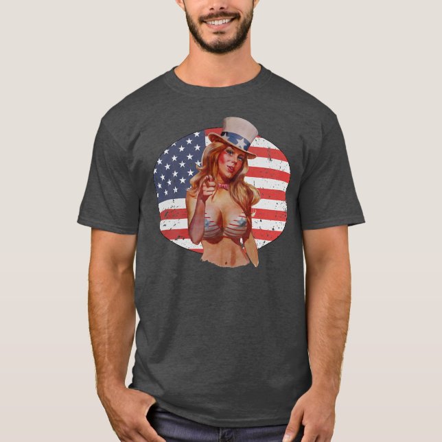 Uncle Sam Hat Pin Up Girl Lingerie American Flag  T Shirt (Framsida)