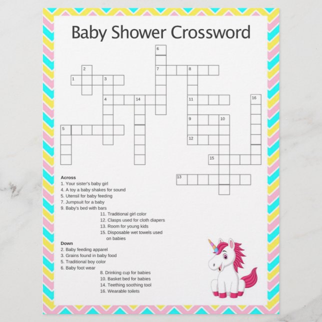 Uncorn Crossword Baby Shower-spel (Framsida)