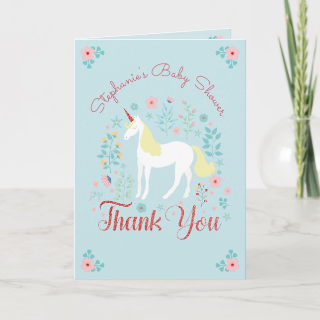 Uncorn Ro Guld Glitter Baby Shower Tack Kort (Framsida)