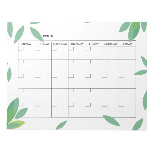 Undated fresh Green Minimalist Monthly Planner  Anteckningsblock (Framsida)