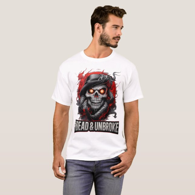 Undead & Unbroken Dark Skull Horror Gothic Art T Shirt (Hel framsida)