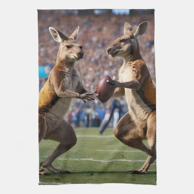 "Under åtgärd: Kangaroos spelar Aussie Regler Kökshandduk (Vertikal)