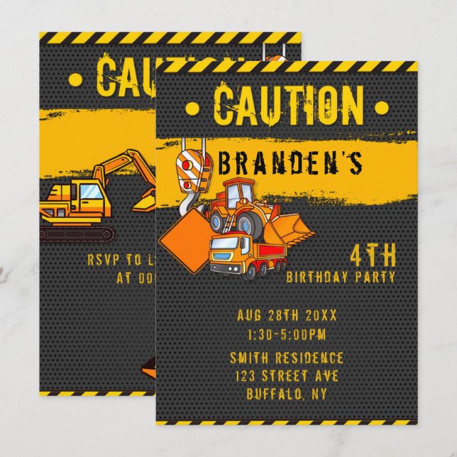 Under Byggnadsvarning Lastbilar Födelsedagsfest 2 Inbjudningar (Fram/baksida)