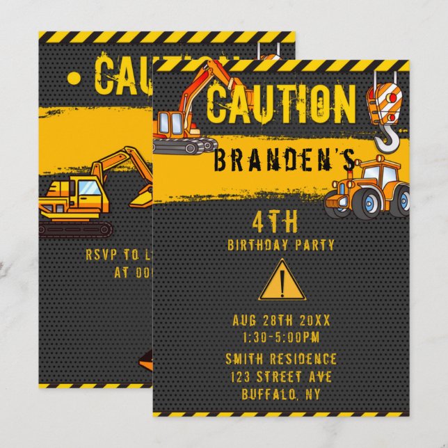 Under Byggnadsvarning Lastbilar Födelsedagsfest 3 Inbjudningar (Fram/baksida)