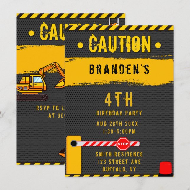 Under Byggnadsvarning Lastbilar Födelsedagsfest 4 Inbjudningar (Fram/baksida)