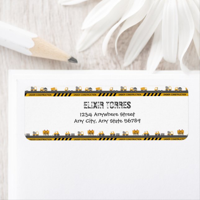Under Construction Bulldozer Baby Shower Returadress Etikett (Insitu)