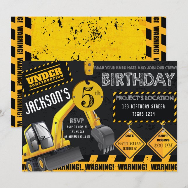 Under Construction Excavator Black Gult Birthday Inbjudningar (Fram/baksida)