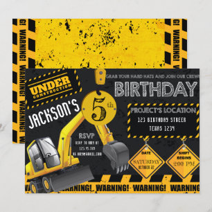 Under Construction Excavator Black Gult Birthday Inbjudningar