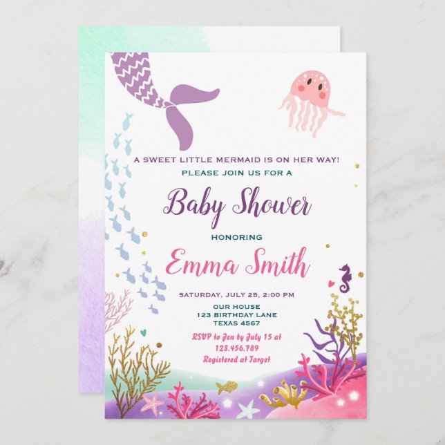 Under flickan för inbjudan för havssjöjungfrubaby (Fram/baksida)