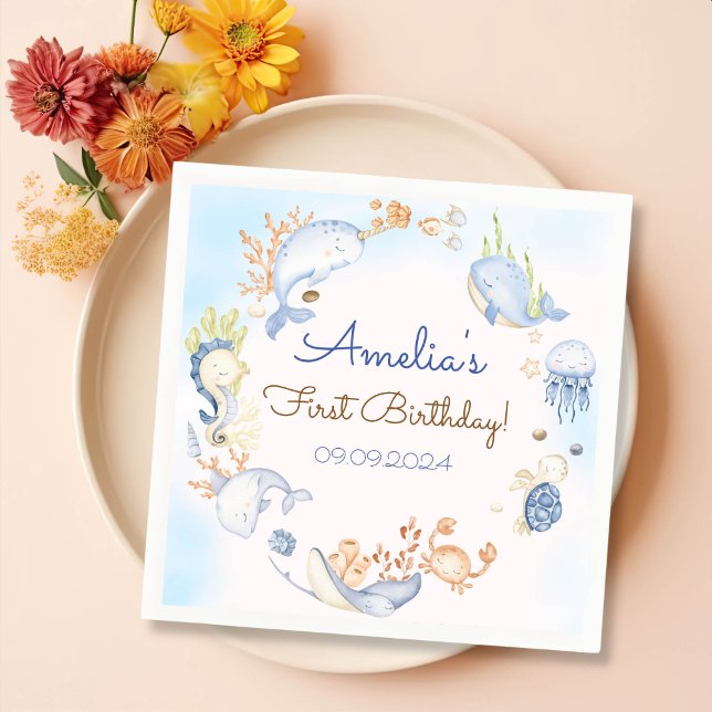 Under Födelsedagsfesten Sea Blue Sea Life Pappersservett (Skapare uppladdad)