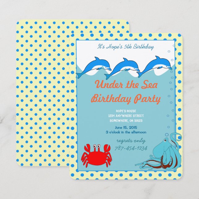 Under Födelsedagsfesten Sea Dolphin Octopus Crab Inbjudningar (Fram/baksida)