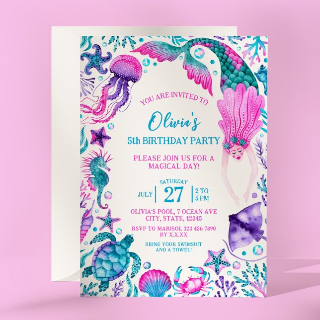 Under Födelsedagsfesten Sjöjungfru av havsytans va Inbjudningar (Under the Sea Watercolor Mermaid Birthday Party Invitation)