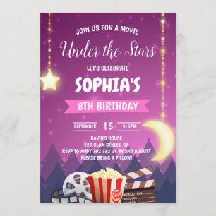 Under Födelsedagsfesten Stars Movie Night Girl Inbjudningar