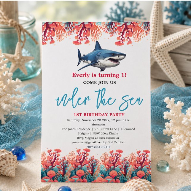 Under havet 1-års födelsedagsfest inbjudningar (Under the Sea 1st Birthday Party Invitation)
