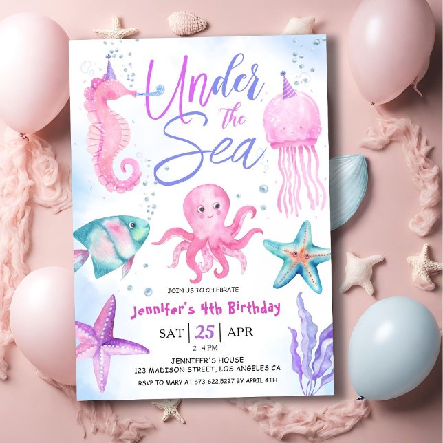 Under havet! 4e födelsedagen Girl Rosa Ocean Inbjudningar (Skapare uppladdad)