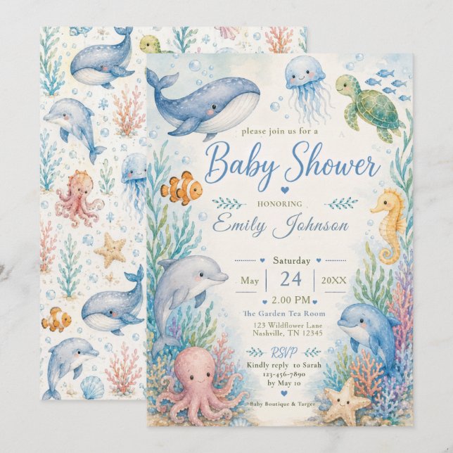 Under havet Baby Shower Inbjudningar (Fram/baksida)