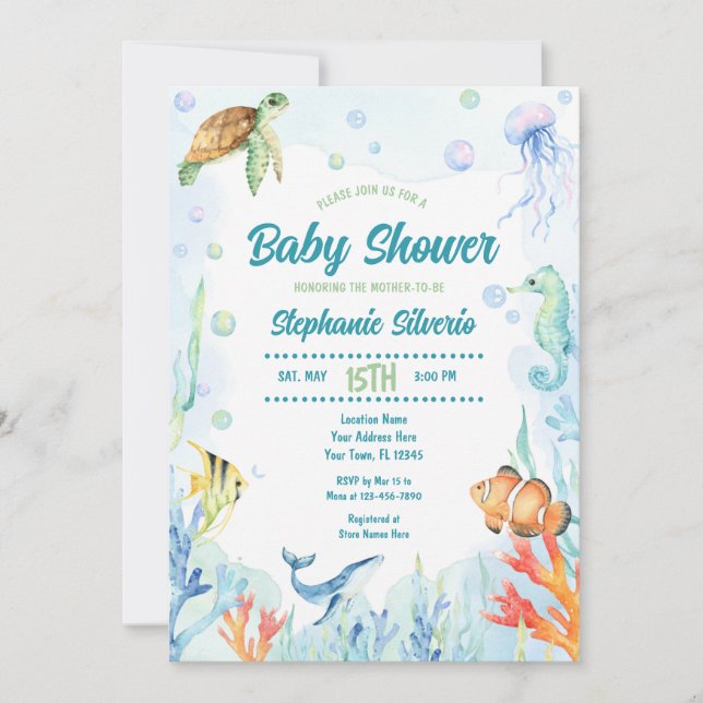Under havet Baby Shower Watercolor-inbjudan Inbjudningar (Framsida)