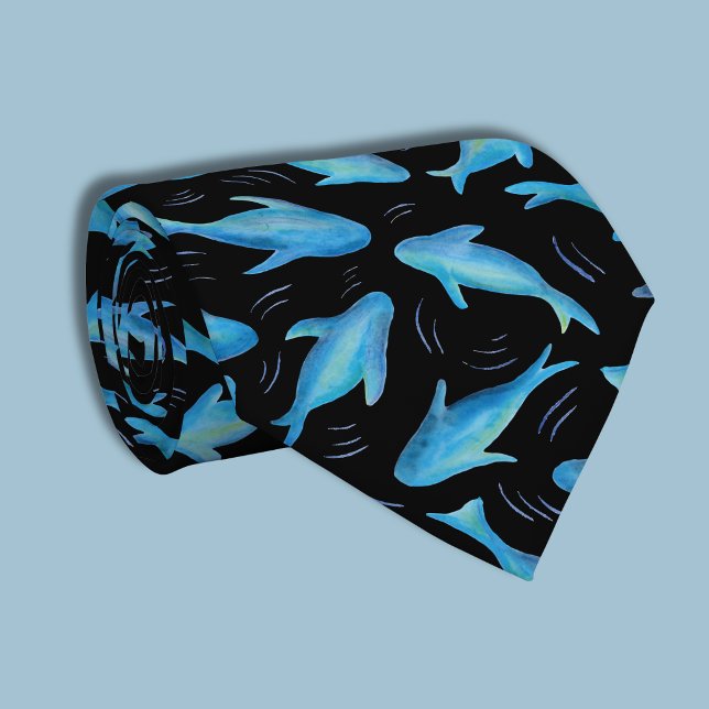 Under havet Blå Svart Haj Fisk Mönster Slips (Blue and black swimming shark fish tie)