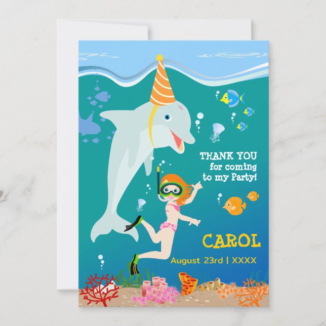 Under havet delfiner och Födelsedagsfest av flicko Tack Kort (Framsida)