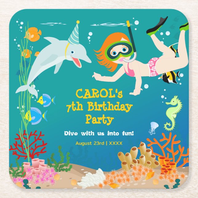 Under havet delfiner och Födelsedagsfest av flicko Underlägg Papper Kvadrat (Framsidan)