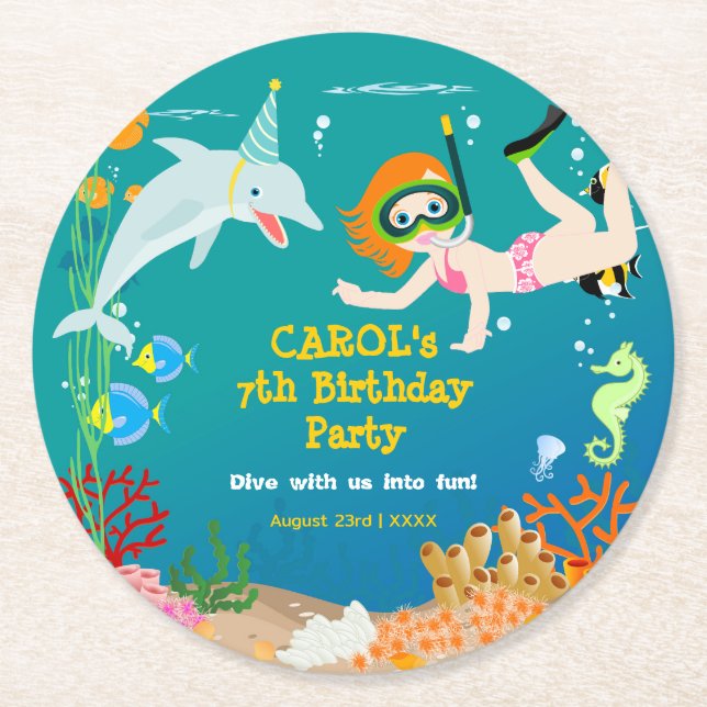 Under havet delfiner och Födelsedagsfest av flicko Underlägg Papper Rund (Framsidan)