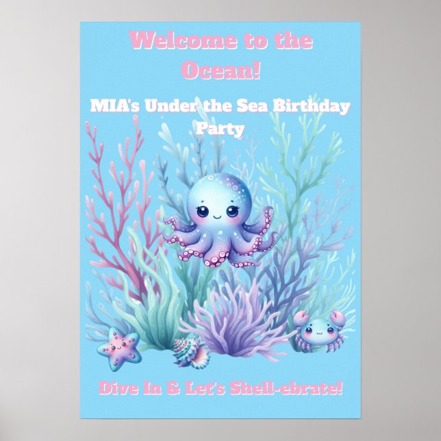 Under havet -Flickors födelsedagsposter Redigerbar Poster (Framsidan)