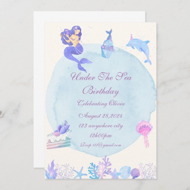 UNDER HAVET FÖDELSEDAGSFEST INBJUDAN (Fram/baksida)