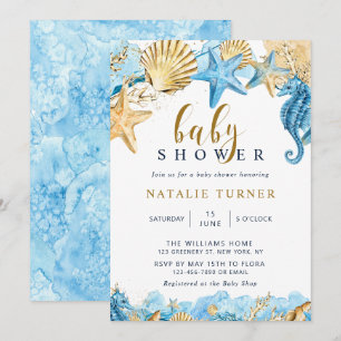 Under havet Guld och Blue Baby Shower Inbjudningar
