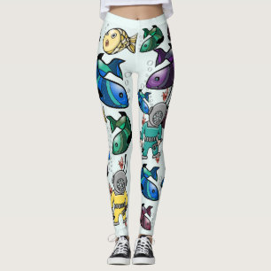 Under havet - gullig färgrik fisk och dykare leggings