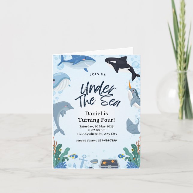 Under havet Haj Födelsedags vykort med 3D motiv (Framsida)