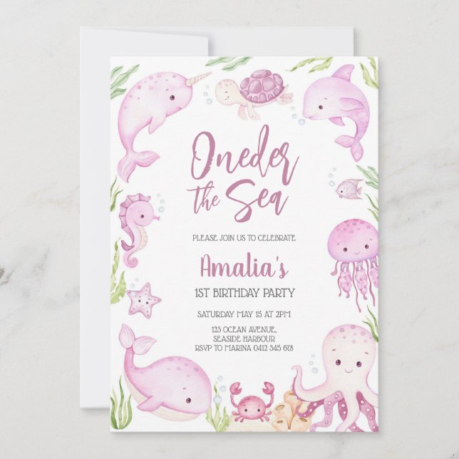Under havet Havsdjur 1-års födelsedag  Inbjudningar (Framsida)