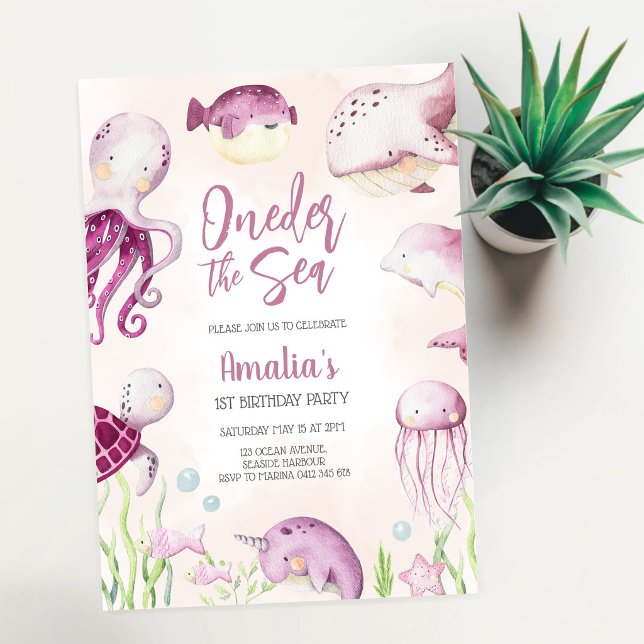 Under havet Havsdjur 1-års födelsedag Inbjudningar (Skapare uppladdad)