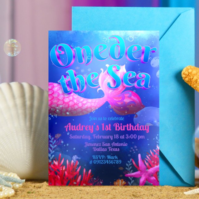 Under havet - Havsfröken Inbjudningar (Oneder the Sea - Girl Mermaid 1st Birthday Invitation )