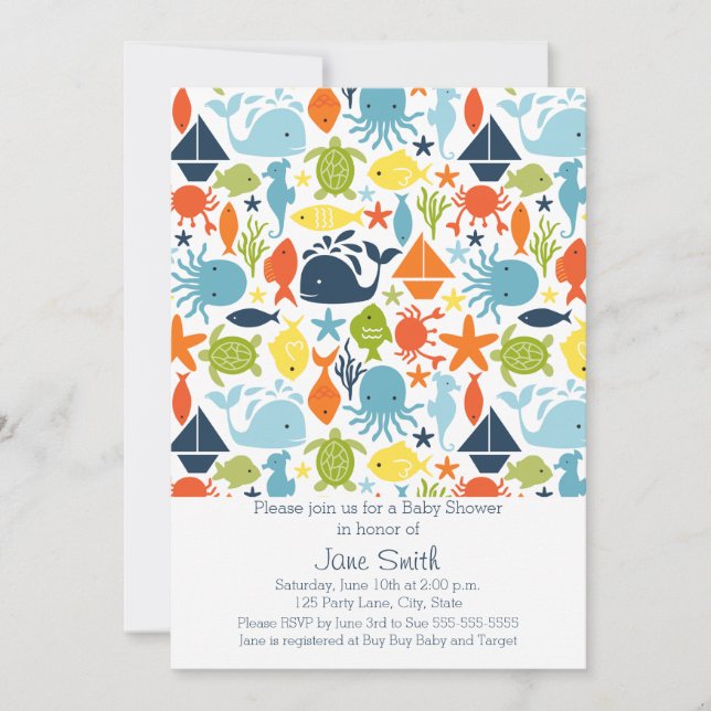 Under havet, havskläder, babyskor inbjudningar (Framsida)