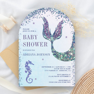 Under havet Lila Havsfruebåge Baby Shower Inbjudningar