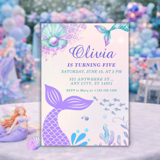 Under havet Lila Havsfrus 5-års födelsedag Inbjudningar