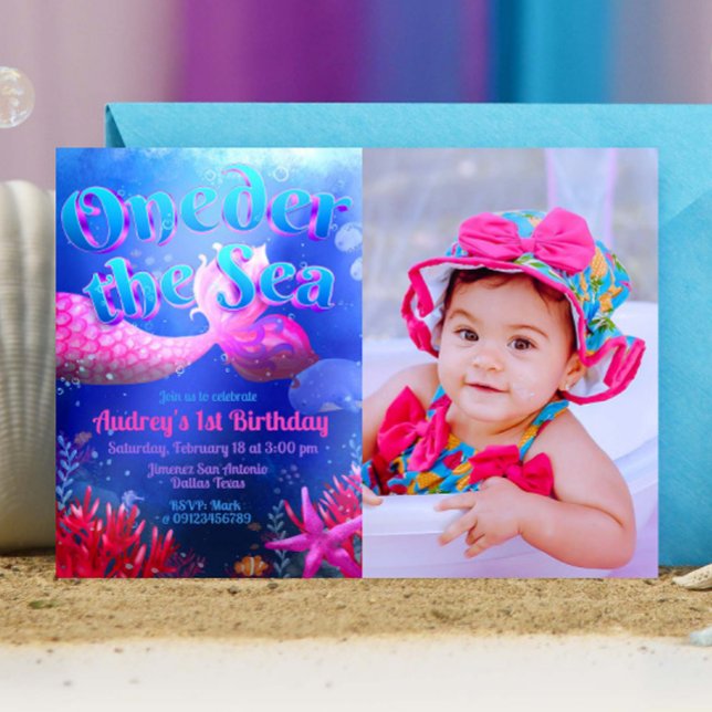 Under havet med fotolandskap inbjudningar (Oneder the Sea - Girl Mermaid 1st Birthday Landscape Invitation with Picture)