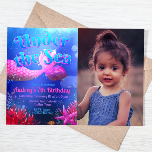 Under havet med fotolandskap inbjudningar (Under the Sea - Mermaid Girl Landscape Invitation with Photo)